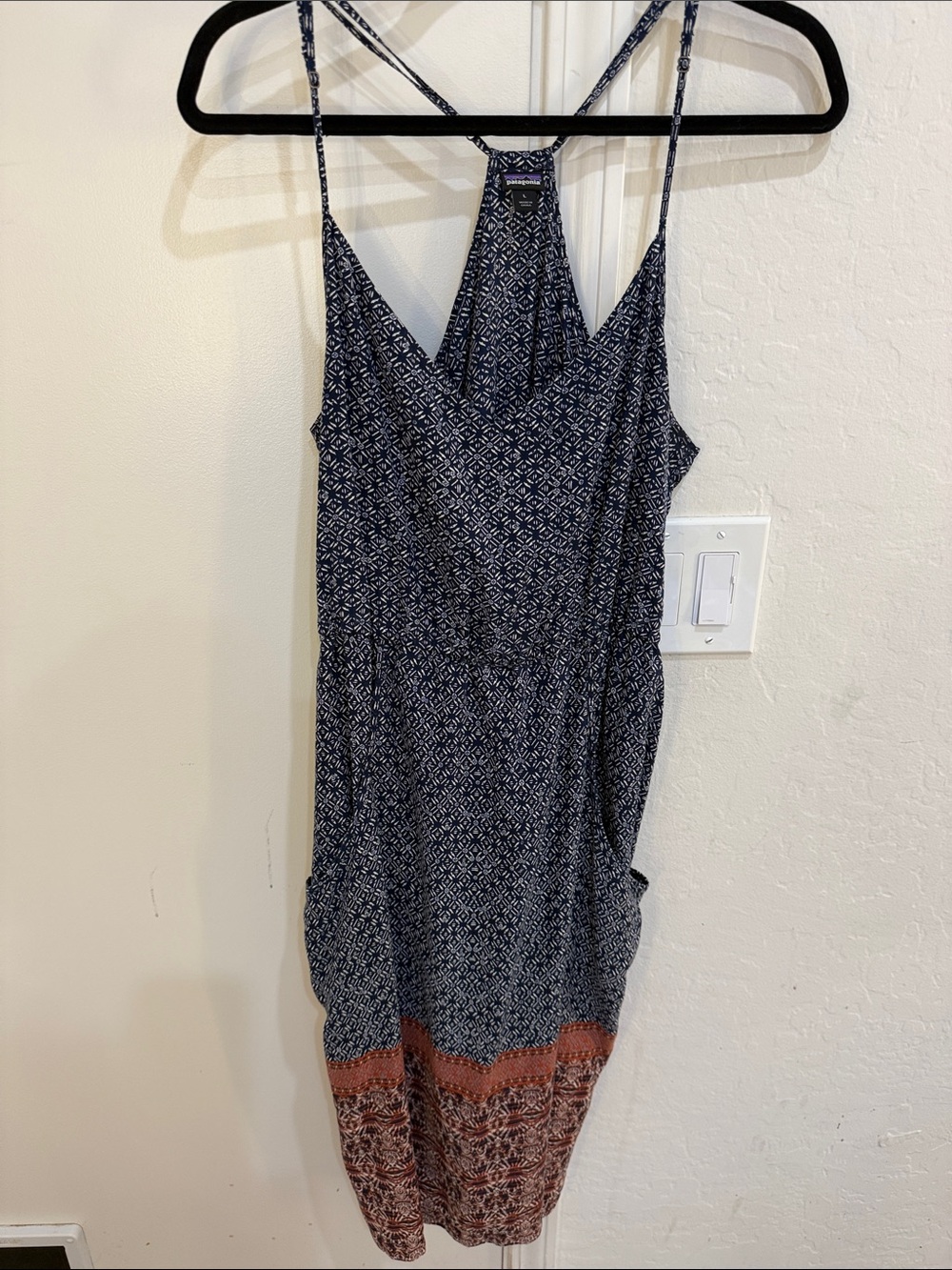 Patagonia Navy and White Printed Spaghetti-Strap Dress